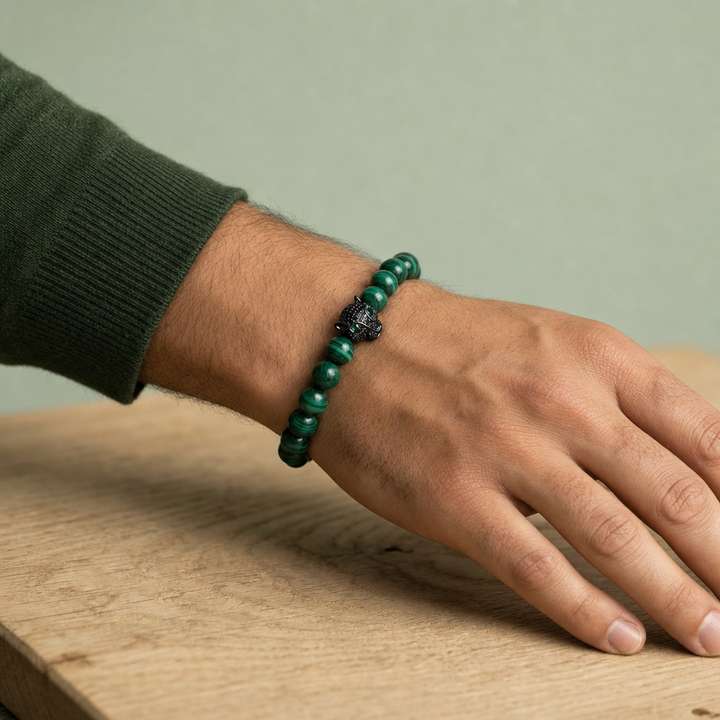Malachite Bracelet with Leopard Charm for Change and Transformation - Lifestyle Male