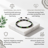 Minimalistic infographic showcasing Black Agate and Jade bracelet benefits like emotional balance, protection, healing, and prosperity on a white background