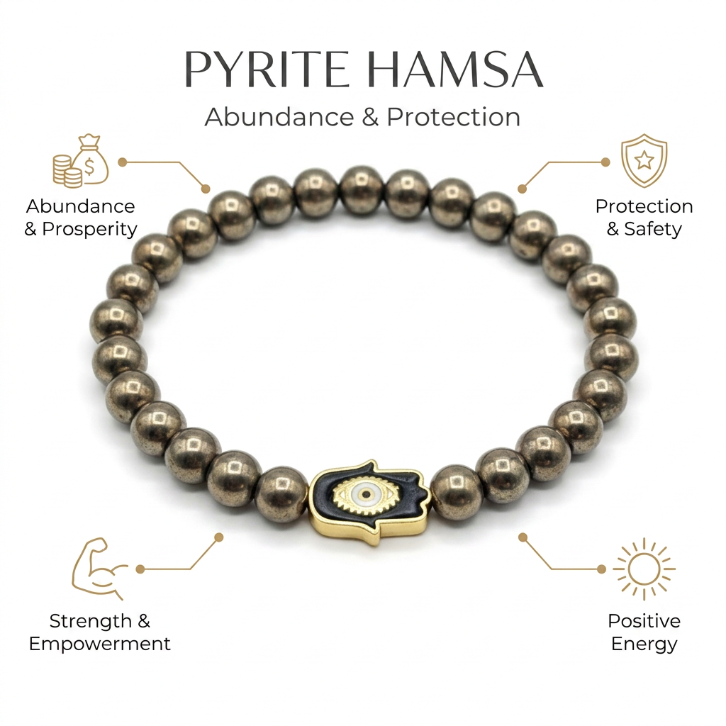 Pyrite with Hamza Hand Bracelet - Infographic
