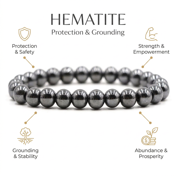 Hematite bracelet for Protection & Grounding - Infographic