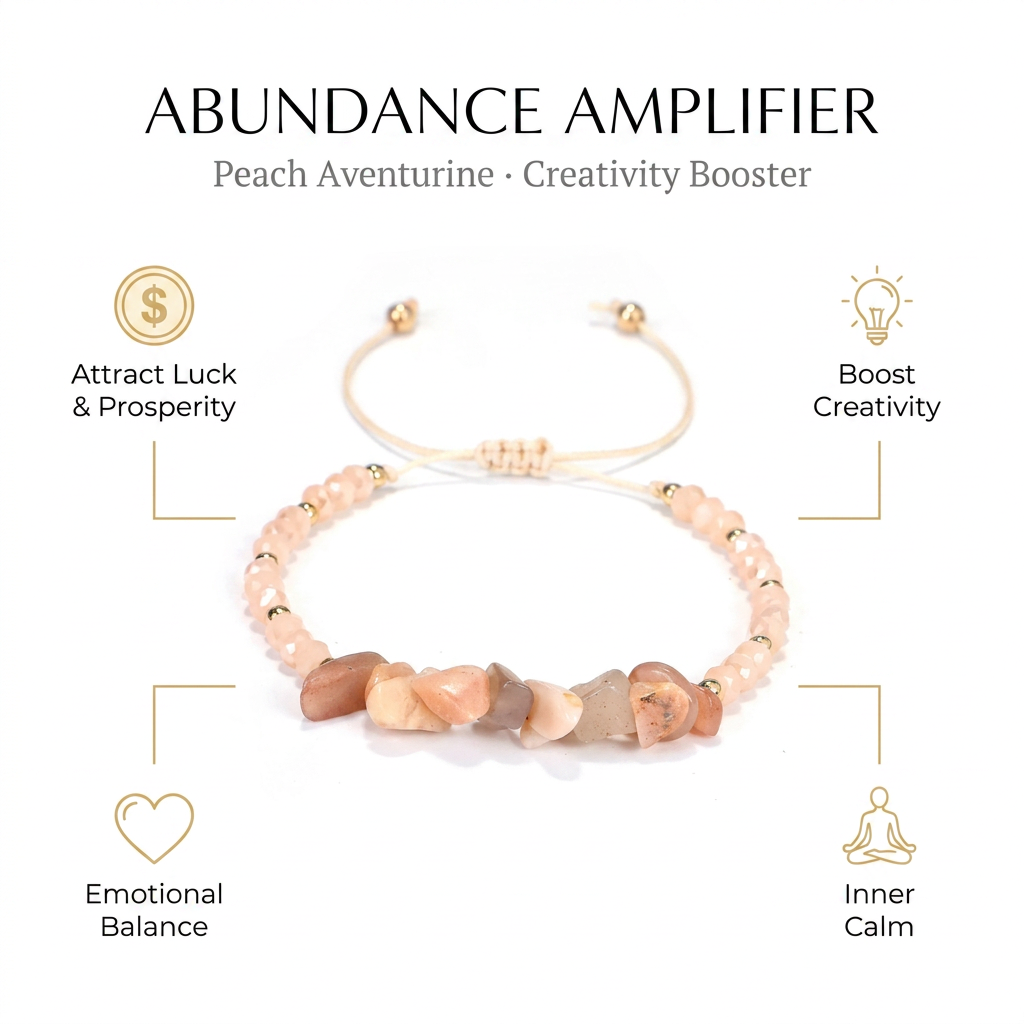 Peach Aventurine Chip Adjustable Bracelet for Abundance & Happiness - Infographic