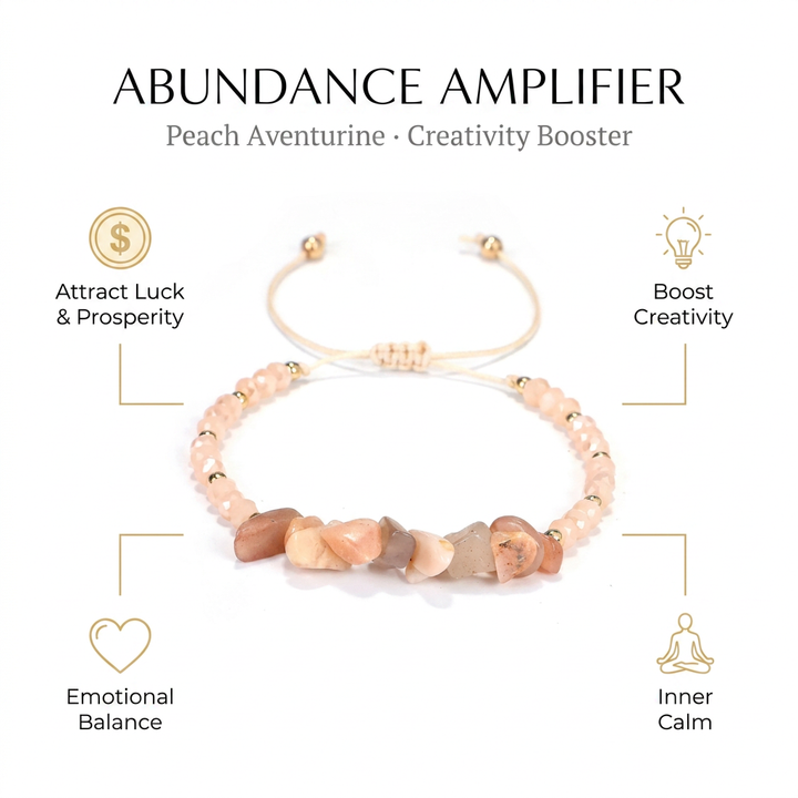 Peach Aventurine Chip Adjustable Bracelet for Abundance & Happiness - Infographic