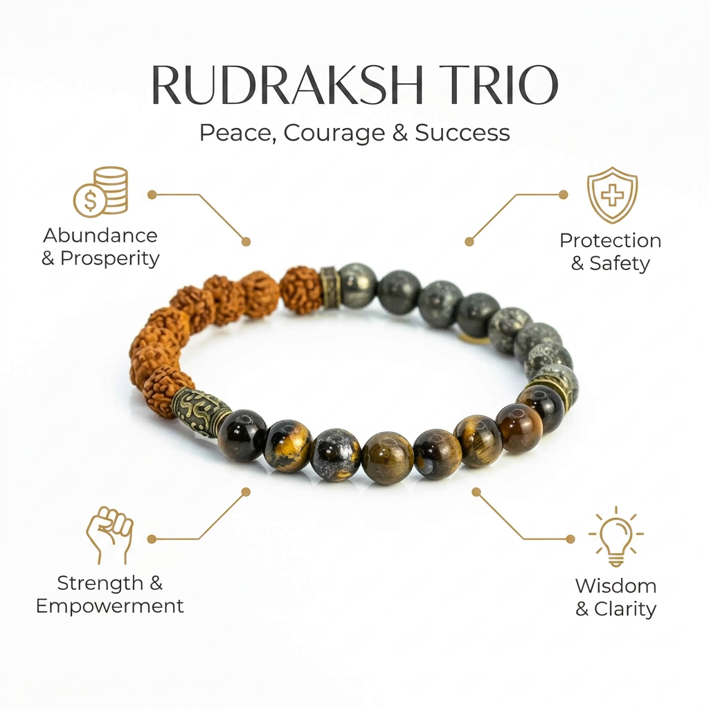 Rudraksh Pyrite and Tiger Eye bracelet for peace, courage and success - Infographic