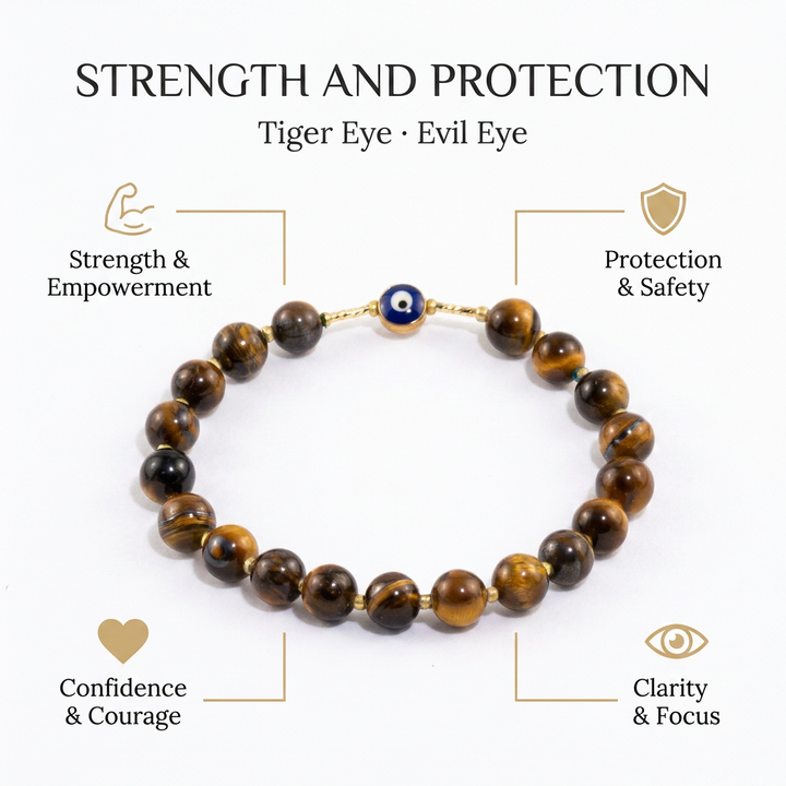 Tiger Eye with Evil Eye Bracelet for Strength and Protection - Infographic