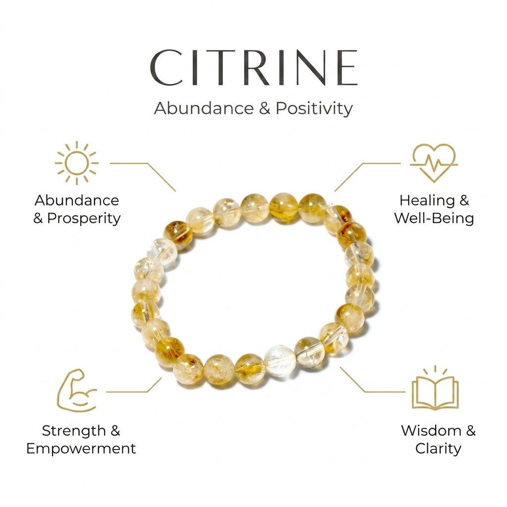 Citrine for wealth, positivity & manifestation. Zodiac: Aries, Gemini, Leo - Infographic