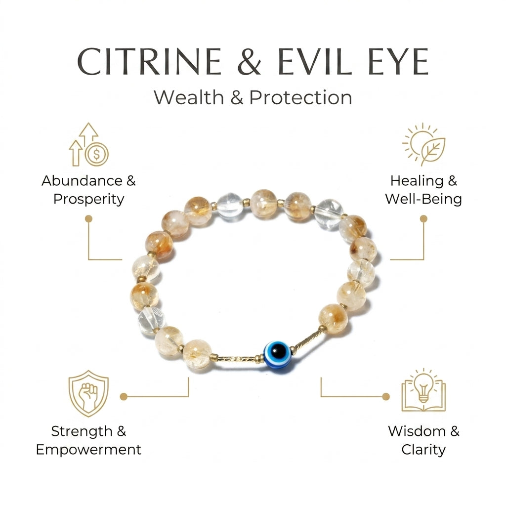 Citrine & Evil Eye for wealth, positivity & manifestation - Infographic