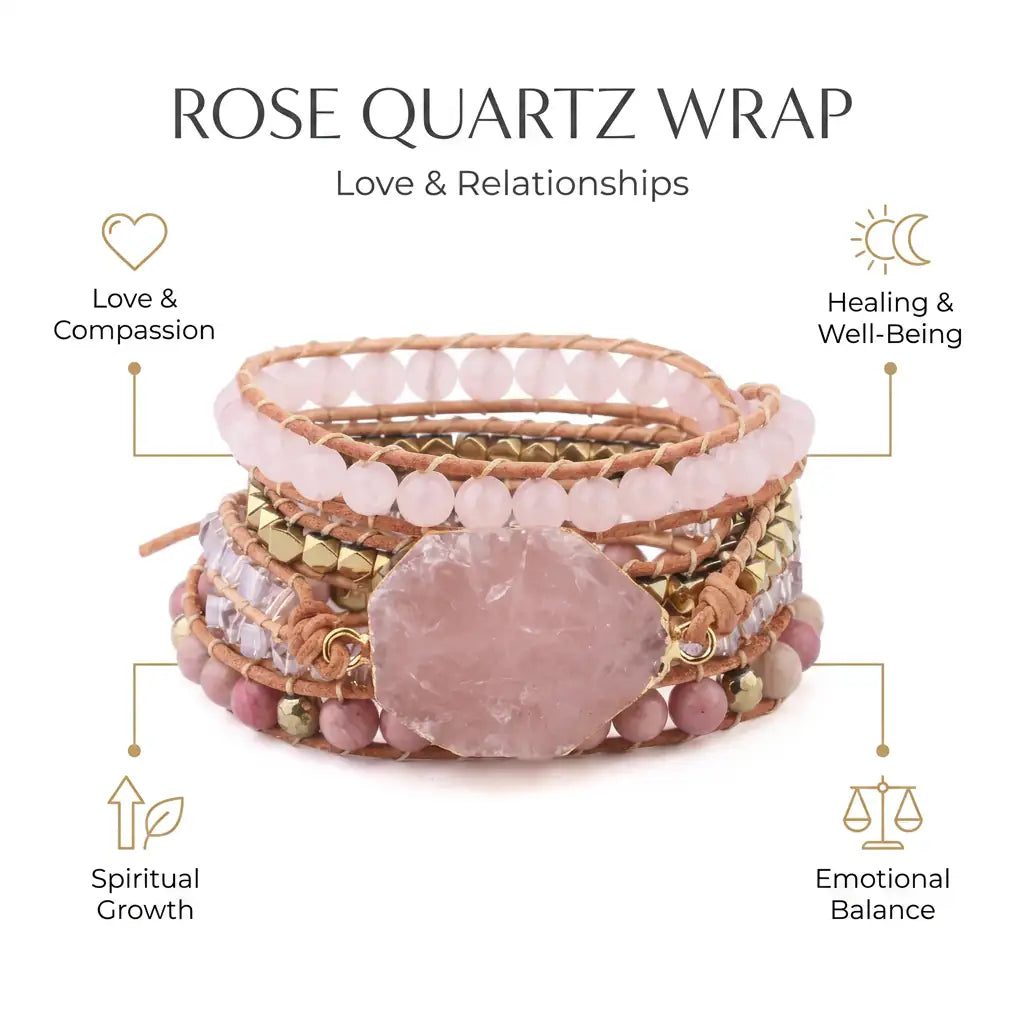 Rose Quartz Boho Wrap Bracelet for Love & Relationships - Infographic