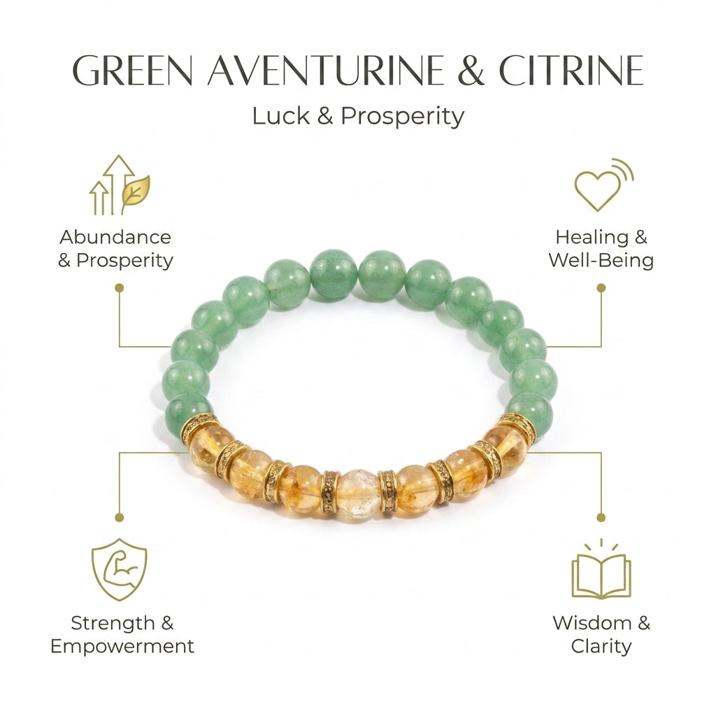 Green Aventurine & Citrine Bracelet for Luck, Abundance & Prosperity - Infographic