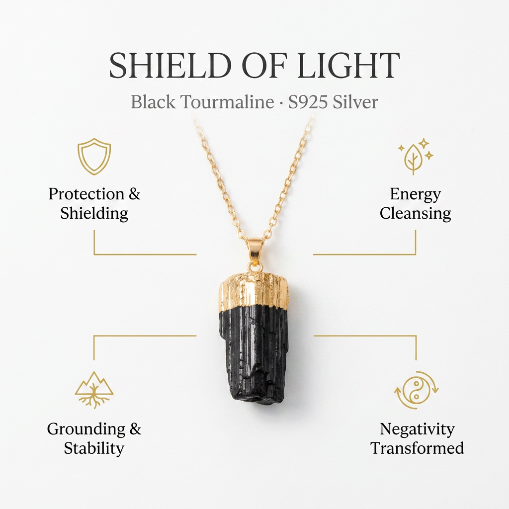 Raw Black Tourmaline Pendant in S925 Chain for Protection - Infographic