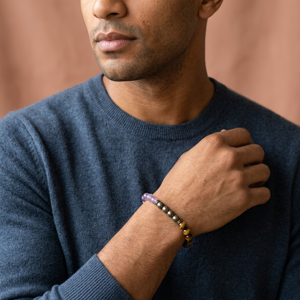 Amethyst Tiger Eye and Pyrite Bracelet for focus, results, wealth & grounding - Raw Spiritual UAE