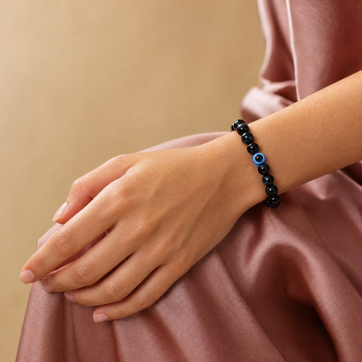 Black Tourmaline Evil Eye Bracelet for Protection & Purification - Lifestyle Female