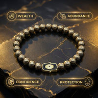 Elegant infographic highlighting pyrite benefits like wealth, confidence, and protection, featuring a delicate handmade bracelet with metallic shine and luxurious background.