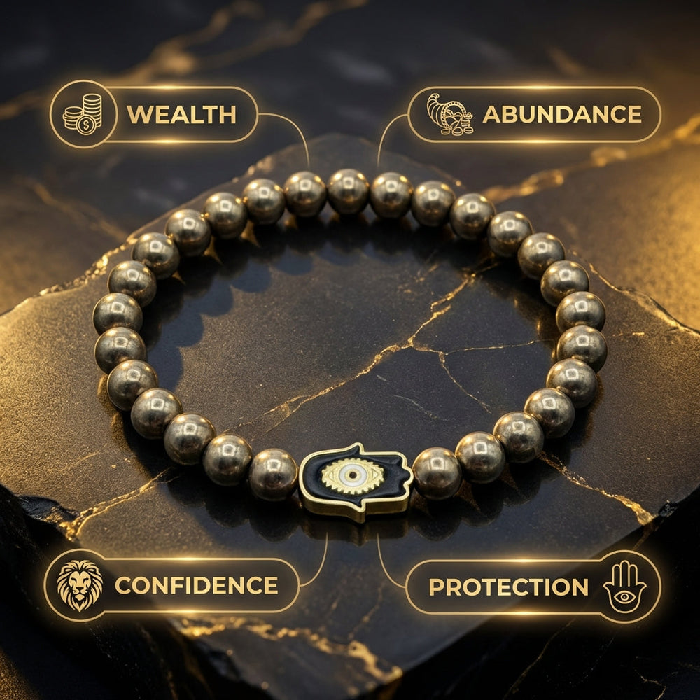 Elegant infographic highlighting pyrite benefits like wealth, confidence, and protection, featuring a delicate handmade bracelet with metallic shine and luxurious background.