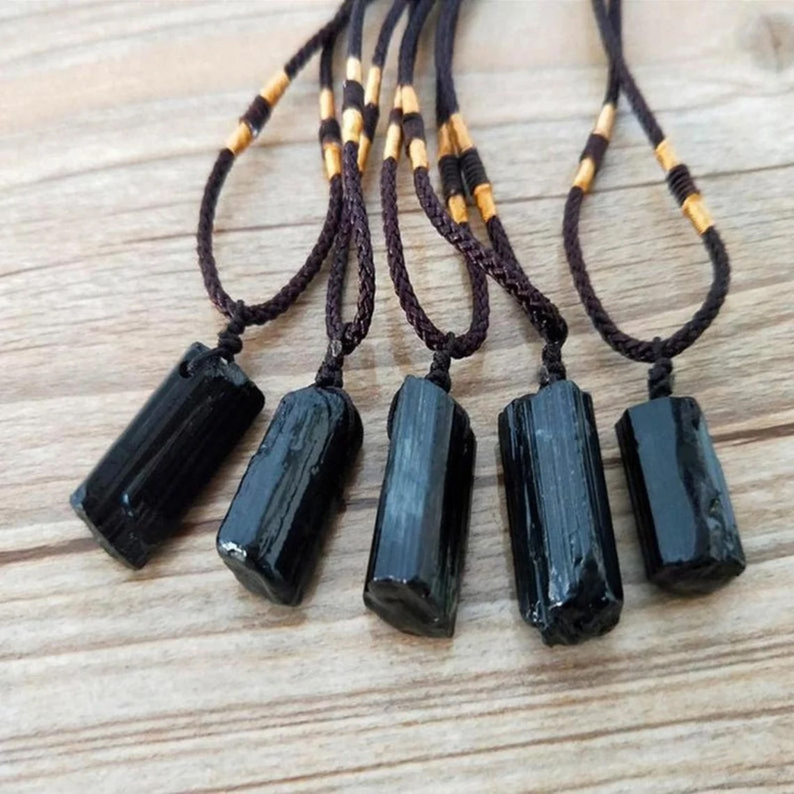 Raw Black Tourmaline Stone in Rope Necklace for Protection