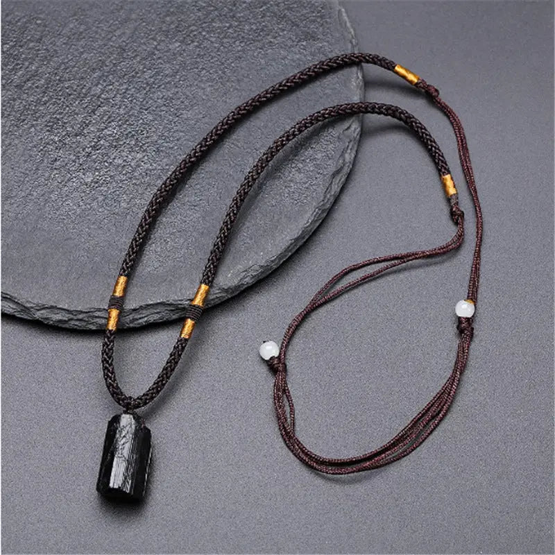 Raw Black Tourmaline Stone in Rope Necklace for Protection Yiwu Shanmei Jane