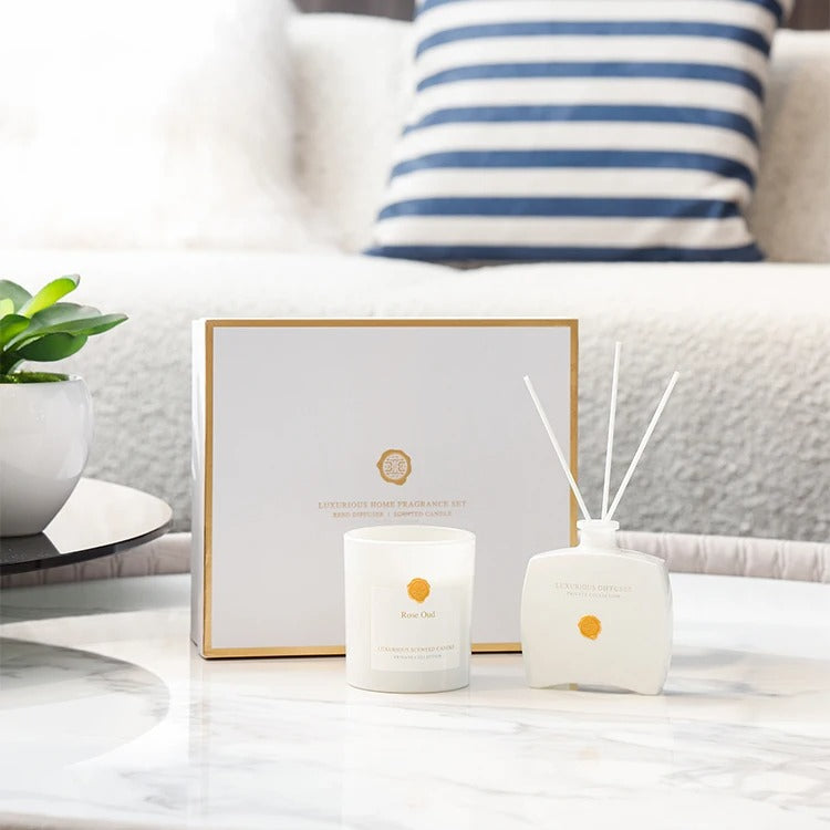 Aromatherapy Candle & Reed Diffuser Gift Set in white bloom for Relaxing & Mood-uplifting