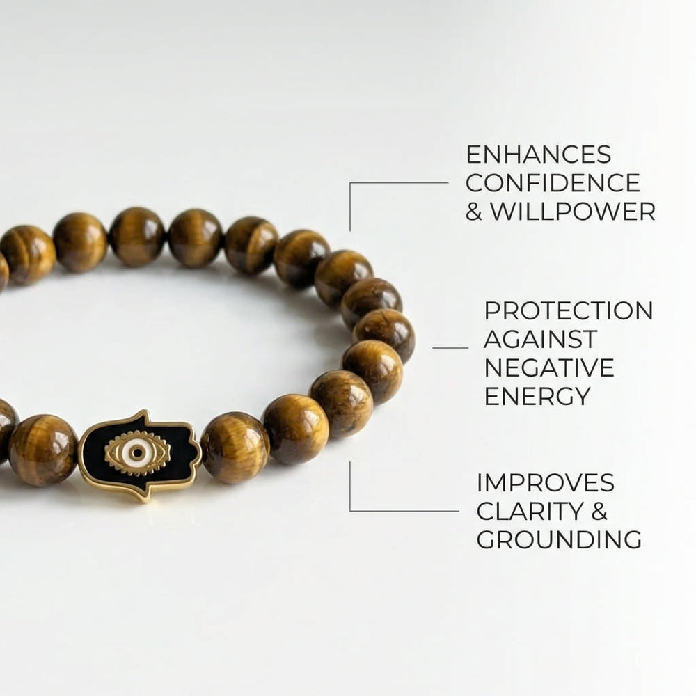 Elegant infographic highlighting the benefits of Tiger Eye beads in a delicate jewelry piece with soft natural lighting and refined close-up details.