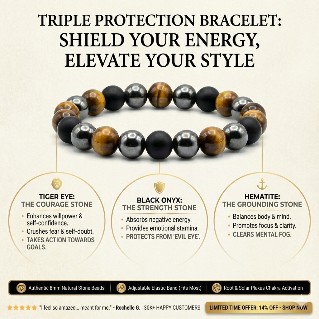 Tiger Eye, Black Onyx & Hematite - Tripple Protection Bracelet