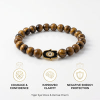High-quality image of the Tiger Eye and Hamsa hand bracelet resting on a clean reflective surface, showcasing its size, texture, and spiritual protection features.