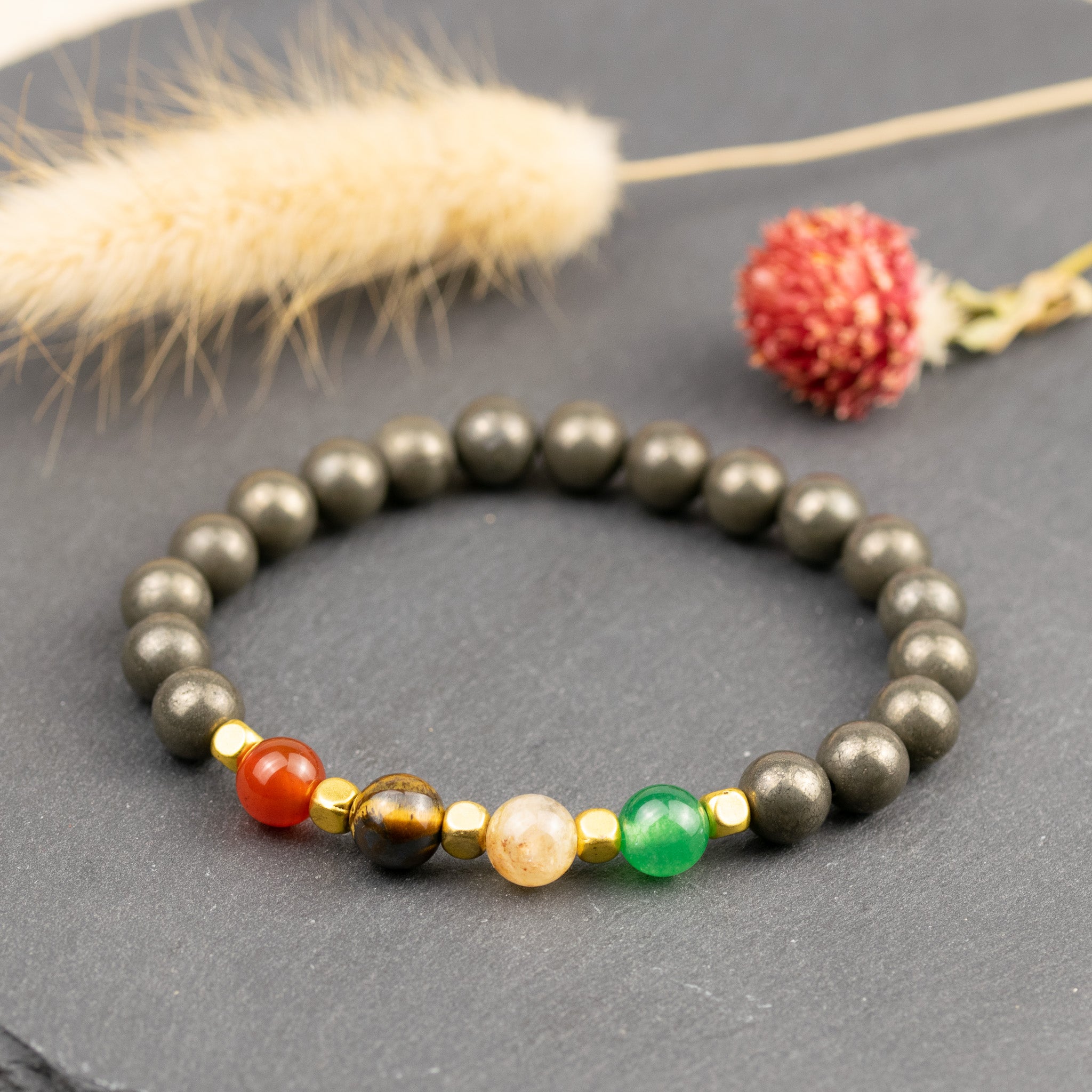 Wealth Bracelet with Pyrite, Citrine, Red Carnelian and Green Aventurine for wealth, success, prosperity & success. Zodiac: All