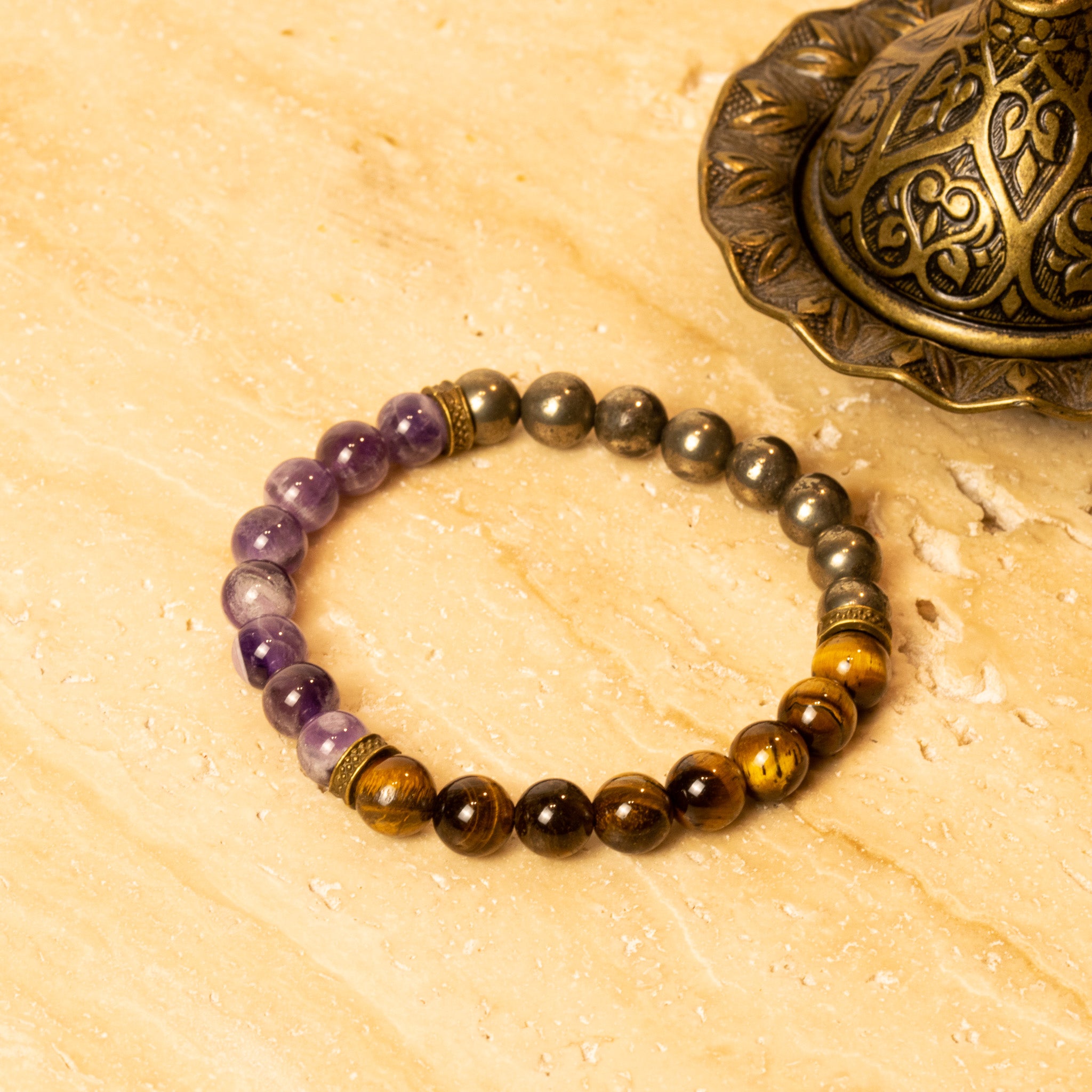 Amethyst Tiger Eye and Pyrite Bracelet for focus, results, wealth & grounding